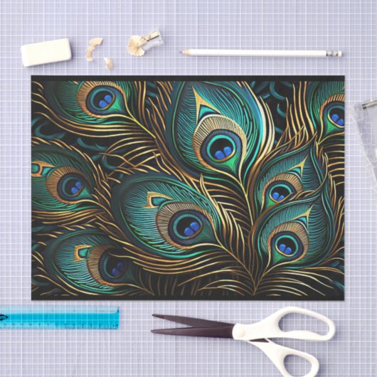 Lebhafte Art Deco Pfauenfeathers Seidenpapier (Handwerk)