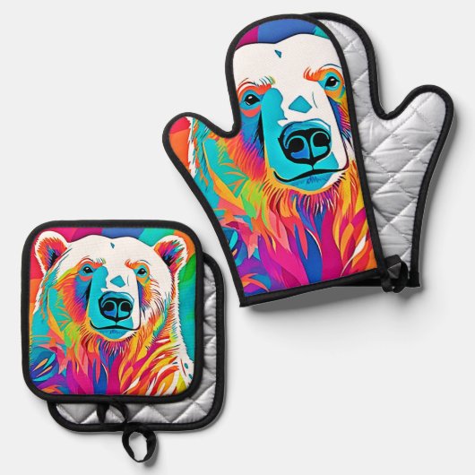 Lebhafte Bärenköpfe Ofenhandschuh & Topflappen-Set (Vorderseite/Rückseite)