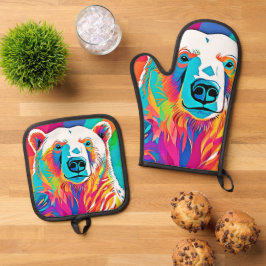 Lebhafte Bärenköpfe Ofenhandschuh & Topflappen-Set