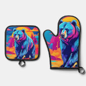 Lebhafte Bärenkunst Ofenhandschuh & Topflappen-Set (Vorderseite)