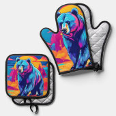 Lebhafte Bärenkunst Ofenhandschuh & Topflappen-Set (Vorderseite/Rückseite)