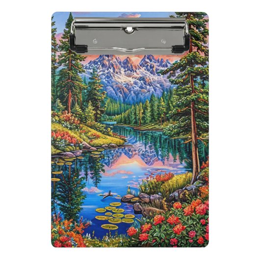Lebhafte Berglandschaft mit Reflektion Mini Klemmbrett (Vorderseite)