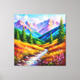 Lebhafte Berglandschaft mit Stream, Wildblume Leinwanddruck