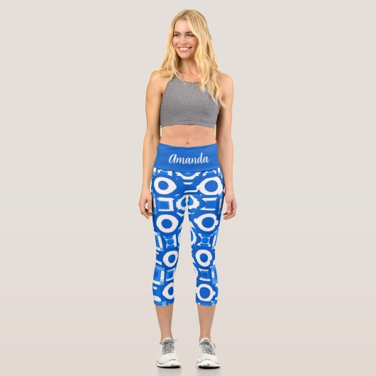 Lebhafte Blaue Geometrie Hochwaiste Leggings (Vorderseite)