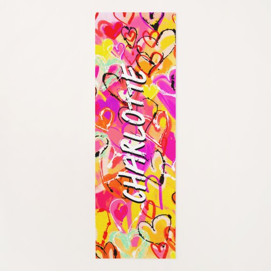Lebhafte Bliss: Rosa und gelbe Graffiti-Herzen Yogamatte (Vorderseite)