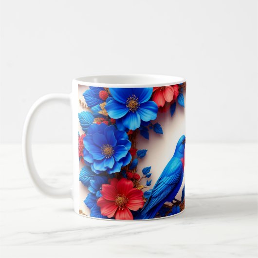 Lebhafte Bluebirds in farbenfrohen Blume Kaffeetasse (Links)