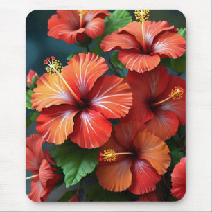 Lebhafte Blume aus dem Roten Hibiskus mit Blätter- Mousepad