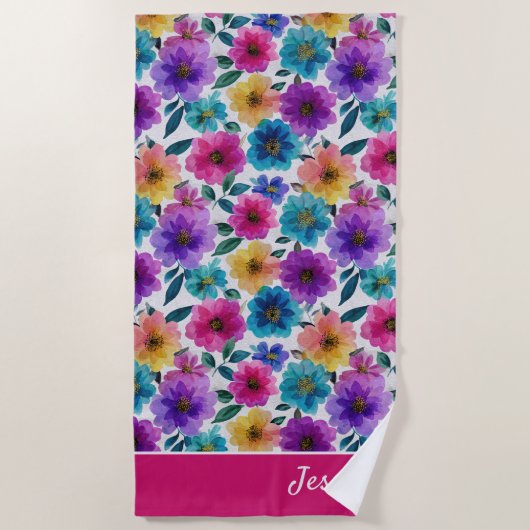 Lebhafte Blume Blüten Wasserfarben Blumenname Strandtuch (Vorderseite)