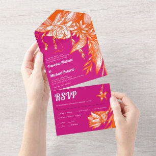 Lebhafte Blume in Orange und Rosa Linie Hochzeit All In One Einladung