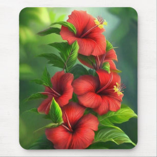 Lebhafte Blume mit Rotem Hibiskus mit Blätter-7865 Mousepad