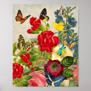 Lebhafte Blume und Schmetterlinge im Vintagen Gart Poster