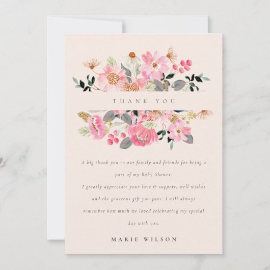 Lebhafte Blush Pink Wasserfarbe Blumenblütendusche Dankeskarte (Vorderseite)