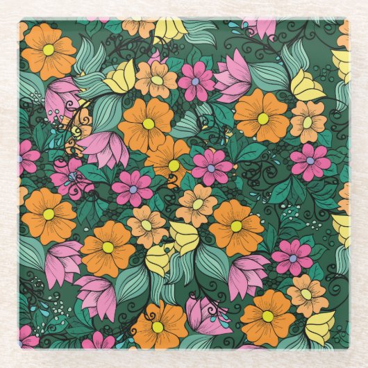 Lebhafte Blüte: Grüner Hintergrund Vintag. Glasuntersetzer (Vorderseite)