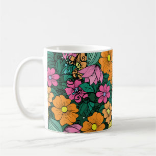 Lebhafte Blüte: Grüner Hintergrund Vintag. Kaffeetasse