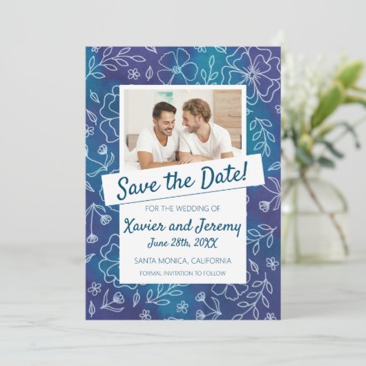 Lebhafte Blüte Save the Date mit Foto Einladung (Stehend Vorderseite)