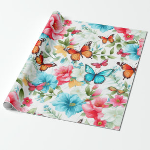 Lebhafte Blüten und Schmetterlinge Geschenkpapier