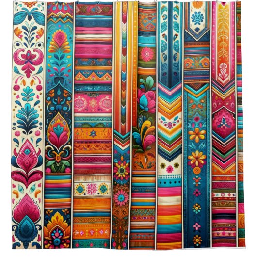 Lebhafte Boho Streifen: eklektische Textilkunst Duschvorhang (Vorderseite)