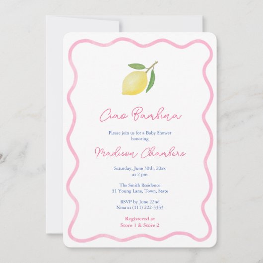 Lebhafte Ciao Bambina Pink Citrus Girl Baby Dusche Einladung (Vorderseite)