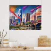 Lebhafte Cleveland Ohio Skyline Abstrakte Kunst Poster (Küche)