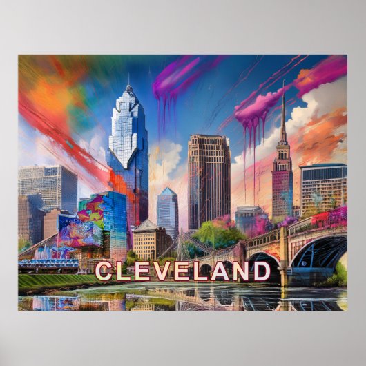 Lebhafte Cleveland Ohio Skyline Abstrakte Kunst Poster (Vorne)