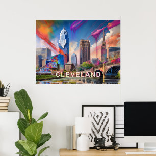 Lebhafte Cleveland Ohio Skyline Abstrakte Kunst Poster