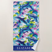 Lebhafte Dolphins Blue Waves Personalisiert Strandtuch (Vorderseite)