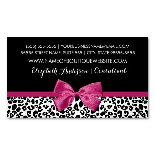 Lebhafte dunkelrosa Bow Leopard Boutique Magnetische Visitenkarte (Vorderseite)