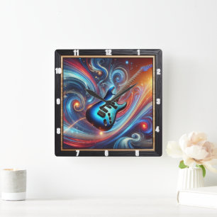 Lebhafte elektrische Gitarre inmitten eines Abstra Quadratische Wanduhr