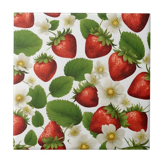 Lebhafte Erdbeeren, Blätter und Blume Fliese (Vorderseite)