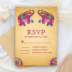 Lebhafte ethnische Elefanten, indische Hochzeit RSVP Karte