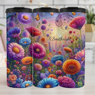 Lebhafte Fantasy-Blume Meadow Sunset Thermosbecher