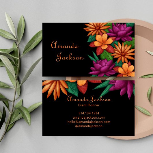 Lebhafte, farbenfrohe blühende Blume Schwarz Visitenkarte