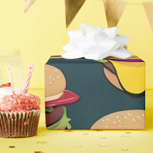 Lebhafte farbenfrohe Cheeseburgers Geschenkpapier (Geburtstagsparty)