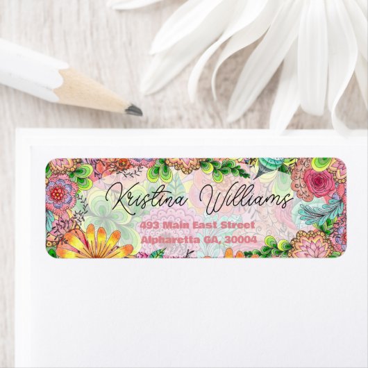 Lebhafte farbenfrohe Doodle Florals Rücksendeadres (Insitu)