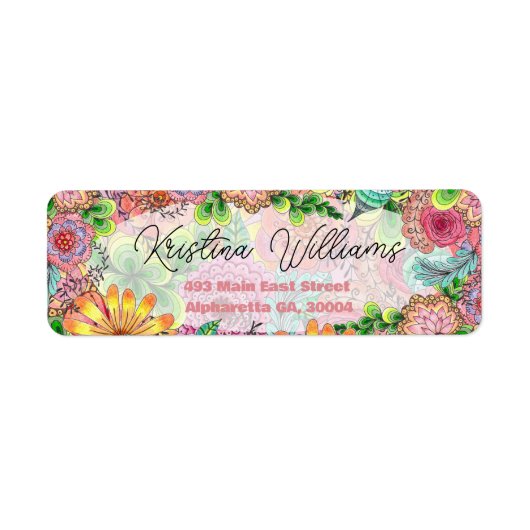Lebhafte farbenfrohe Doodle Florals Rücksendeadres (Vorne)