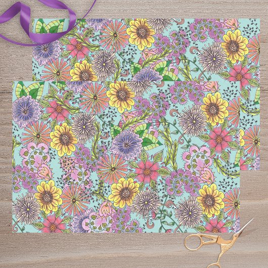 Lebhafte farbenfrohe Kunstdoodle Spring Florals Seidenpapier