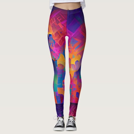 Lebhafte, farbenfrohe, lila-gelbe Fuchsie Leggings (Vorderseite)