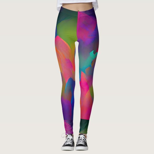 Lebhafte, farbenfrohe, lila-gelbe Fuchsie Leggings (Vorderseite)