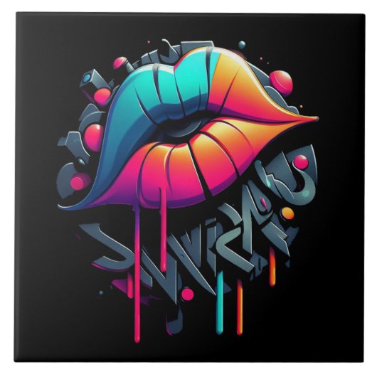 Lebhafte, farbenfrohe Lippen im Graffiti-Stil Fliese (Vorderseite)