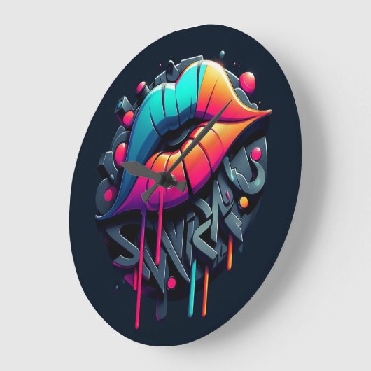 Lebhafte, farbenfrohe Lippen im Graffiti-Stil Große Wanduhr (Winkel)