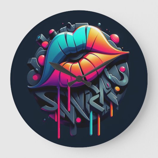 Lebhafte, farbenfrohe Lippen im Graffiti-Stil Große Wanduhr (Vorderseite)