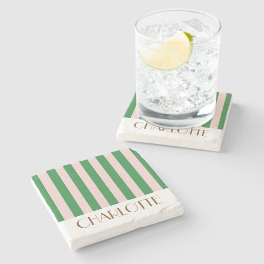 Lebhafte farbenfrohe Streifen Grüne trendige Hochz Steinuntersetzer (Seitenansicht)