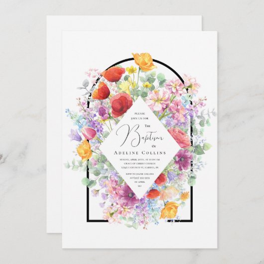 Lebhafte farbenfrohe Wildblumen Taufe Einladung (Vorne/Hinten)