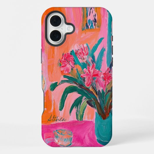 Lebhafte, fauvistische Vase rosafarbener Blume iPhone Hülle (Rückseite)