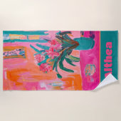 Lebhafte, fauvistische Vase rosafarbener Blume Strandtuch (Vorderseite)