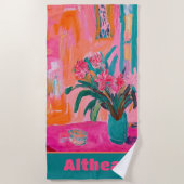 Lebhafte, fauvistische Vase rosafarbener Blume Strandtuch (Vorderseite)