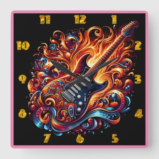 Lebhafte, feurige Gitarre Quadratische Wanduhr (Vorderseite)
