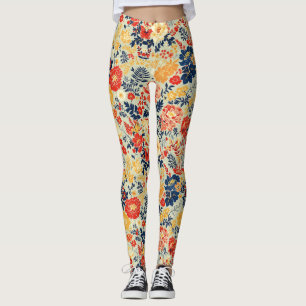 Lebhafte Flora rot, gelb und blau auf weiß Leggings
