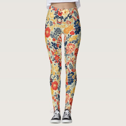 Lebhafte Flora rot, gelb und blau auf weiß Leggings (Vorderseite)
