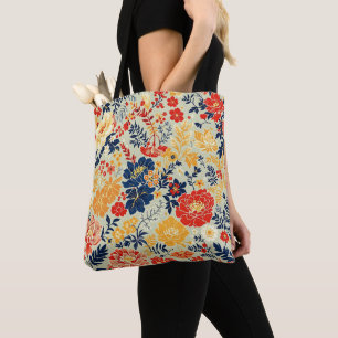 Lebhafte Flora rot, gelb und blau auf weiß Tasche